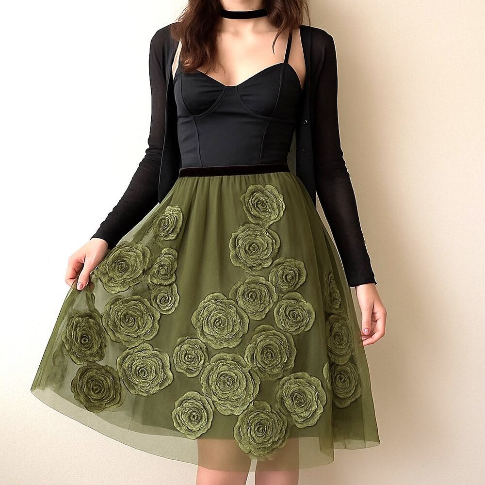 Arden B 3D Velvet Rosette Tulle Mesh Skirt M Olive Green & Brown Midi Y2K Goth